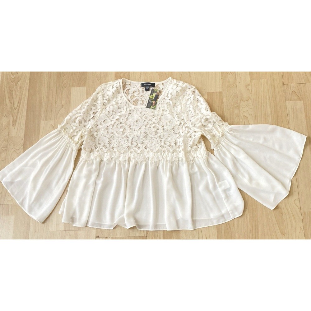 Karen Kane Blouse White Bell Sleeve Sz L See Thru Lace Fairy Coquette Fringe NWT